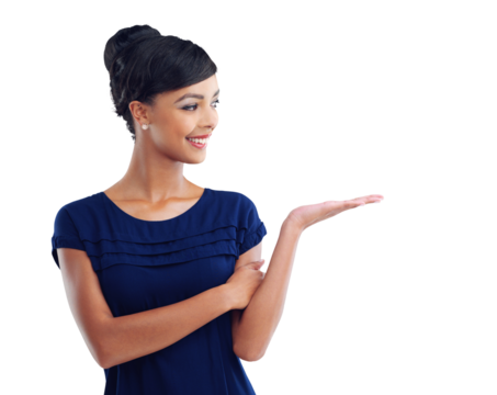 Marketing, woman with hand gesture and smile isolated against a transparent png background to promote product. Advertising or promotion, happy and African female person pose for advertisement