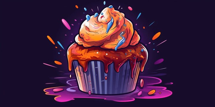 Freshly Baked Muffin Pastry On Dark Background, Horizontal Trendy Illustration. Crusty Pastry, Gourmet Bakery. Ai Generated Bright Trendy Illustration with Aromatic Traditional Muffin Pastry.