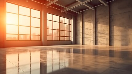 Large empty open space office or apartment loft high rise building with glass window surround it with city view beautiful evening city sunset. Generative AI technology.