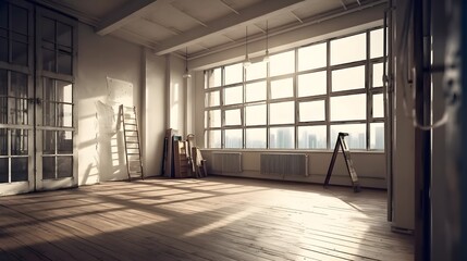 Large empty open space office or apartment loft or studio with some glass window view beautiful day light city sunset. Construction or renovation concept. Generative AI technology.