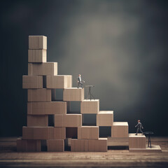 Stacks of cardboard boxes climbed by small characters, illustration of society, work, success