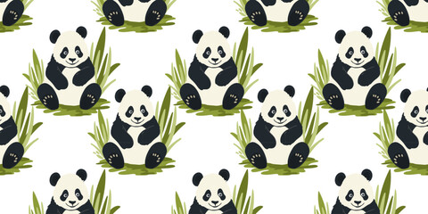 Seamless pattern with cute pandas with bamboo, vector illustration © Tetiana Kasatkina