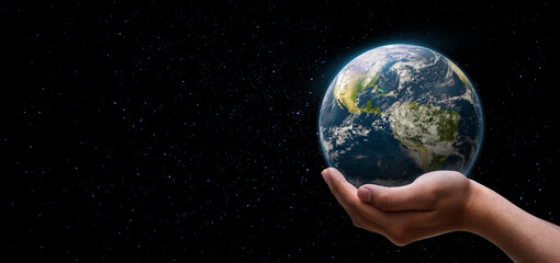 globe blue on hands in space background, earth on adult hands , earth day, world day, energy saving concept, Elements of this image furnished by NASA.