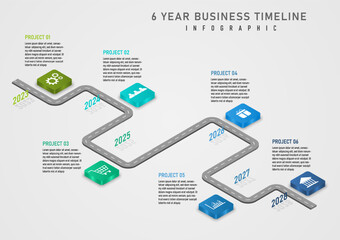 3d infographic timeline 6 years gray road top letter Multi-colored isometric squares have icons in the center. year numbers with shadow gray gradient background for business, marketing, project