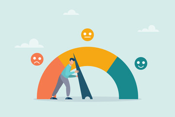 The guy is tugging at the arrow to make the rating scale perfect. Performance evaluation or customer feedback, satisfaction rating, quality control or improvement.
