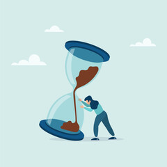 Fototapeta premium Nervous girl tries to stop the hourglass before it falls. Project deadline, lack of time or time management. Vector flat style illustration. 