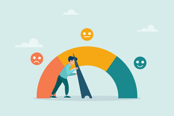 The guy is tugging at the arrow to make the rating scale perfect. Performance evaluation or customer feedback, satisfaction rating, quality control or improvement.
