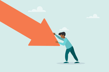 The guy pushes the falling arrow with all his might. Survive an investment crash, a crisis or recession, a pushback or an attempt to win in business, an economic downturn. Vector illustration.

