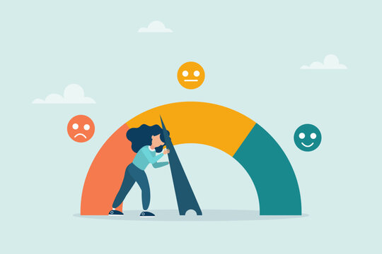 The girl pulls the arrow to make the rating scale excellent. Performance evaluation or customer feedback, satisfaction rating, quality control or improvement.
