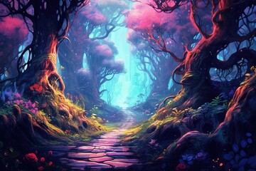 Obraz premium Fantasy landscape with fantasy forest.Generative Ai