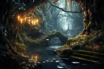 Keuken foto achterwand Sprookjesbos Fantasy landscape with fantasy forest.Generative Ai