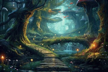 Obraz na płótnie Canvas Fantasy landscape with fantasy forest.Generative Ai