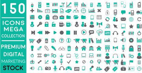 Premium Digital Marketing web icons in FLAT/LINE style icon pack with Social, networks, feedback, communication, marketing, and e-commerce. Vector illustration  icons set of  150 icon pack.