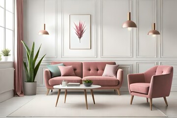 Aloe in pink pot on wooden table in pastel apartment interior with plants and armchair beside sofa with pillows