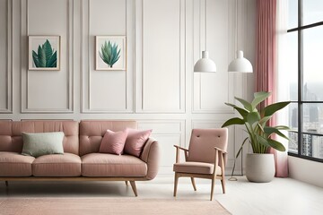 Aloe in pink pot on wooden table in pastel apartment interior with plants and armchair beside sofa with pillows. Copy space.