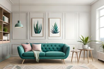 Aloe in pink pot on wooden table in pastel apartment interior with plants and armchair beside sofa with pillows
