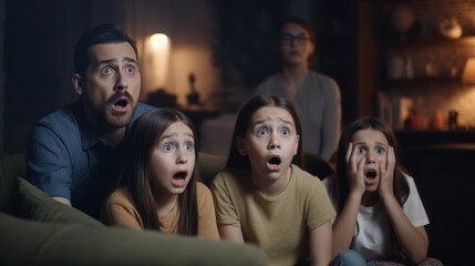 Obraz premium Shocked family watching horror movie on sofa at night in living room, Generative AI