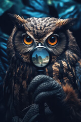 An owl holding a magnifying glass