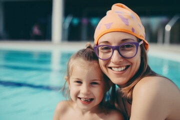 Fototapeta na wymiar portrait of smiling mother and daughter in swimming cap and glasses at poolside, Generative AI