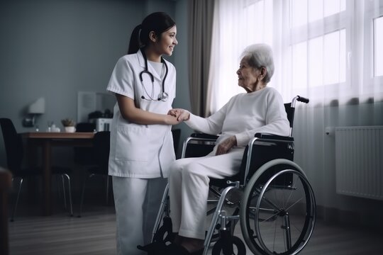 Nurse taking care of an elderly woman in a wheelchair at home, Generative AI