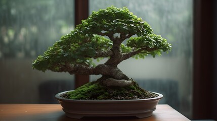 Beautiful bonsai plant display in a ceramic pot indoor, rain outside of the room. AI generative technology.