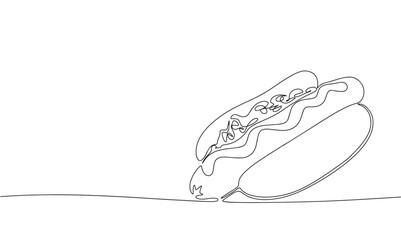 Continuous line drawing of hot dog, Black and white vector minimalist illustration of street food concept