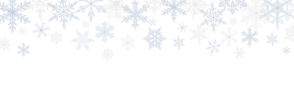 Abstract Christmas background with blue and silver snowflakes border and copy space for text. Winter snow. Overlay, banner, cover. Realistic vector  isolated on transparent background. PNG