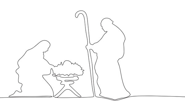 Continuous line drawing of born Jesus, Black and white vector minimalist illustration of religion concept