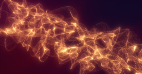 Abstract orange gold energy waves from futuristic hi-tech mesh particles glowing background