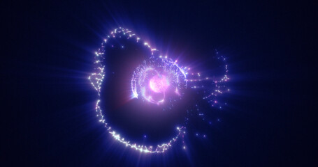Obraz premium Abstract purple energy sphere with flying glowing bright particles, science futuristic atom with electrons hi-tech background