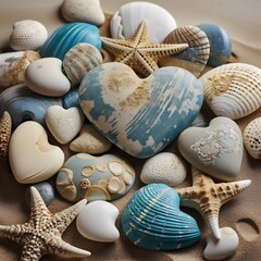 Beach-inspired. Hearts array of uniquely designed hearts adorned. Background of sea love shells. AI Generative 