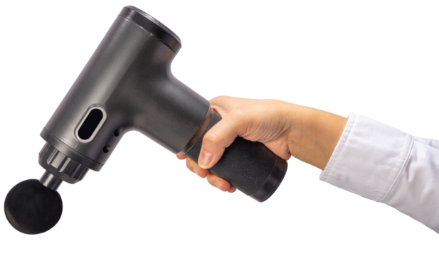 Close up Female hand holding electric massager for relaxation, fatigue Black handheld electric massager on white PNG File. - Powered by Adobe