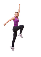 Excited, jump and portrait of woman with fitness for a exercise, workout or gym training. Energy, gym clothes and female model celebrating with confidence isolated by transparent png background