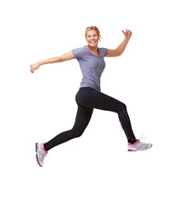 Action, jump and woman portrait with isolated on a transparent, png background with fitness....
