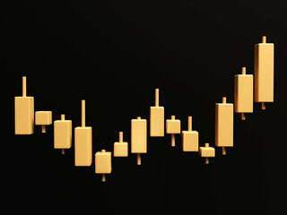 3D Gold Candle stick Chart isolated on black background, financial and stock markets, Minimal concept trading crypto currency, investment trading, exchange, forex, financial, index, Bullish.	