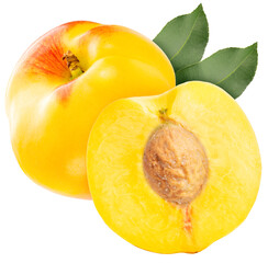 Yellow Peach on White background with clipping path, Peach or Nectarine fruit isolated on white background.