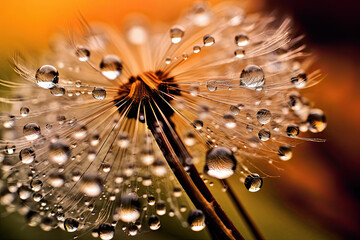 Beautiful dew drops on a dandelion seed macro 