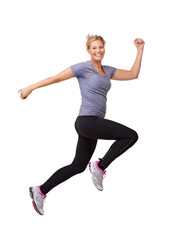 Running, jump portrait and woman with isolated on a transparent, png background with fitness. Wellness, jumping and workout of a person with race and marathon body training for exercise and athlete