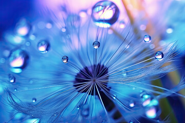 Beautiful soft light blue and violet background. Water drops on a parachutes dandelion on a beautiful blue