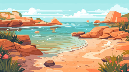 Fototapeta na wymiar Sunny day on a tropical beach. Big rocks. Calm waves. Clear sky. Bright warm colors. The beauty of the sea. Seascape, work of art. Vector illustration design
