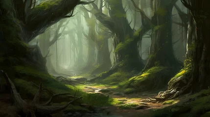 Fototapete Feenwald Magical fantasy wood, large treest and dark colors, ai generated