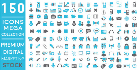 Fototapeta na wymiar Premium Digital Marketing web icons in FLAT/LINE style icon pack with Social, networks, feedback, communication, marketing, and e-commerce. Vector illustration blue icons set of 150 icon pack.