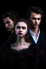 The cover of a vampire novel features three attractive vampires. Generative AI illustration. Vintage style on a black background.