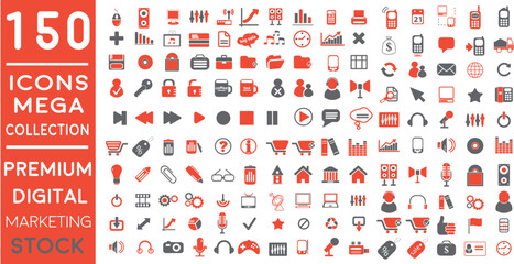 Premium Digital Marketing web icons in FLAT/LINE style icon pack with Social, networks, feedback, communication, marketing, and e-commerce. Vector illustration red icons set of  150 icon pack.