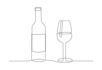  Continuous one line drawing of wine glass and bottle. drink in cup in linear style vector illustration. Premium vector. 