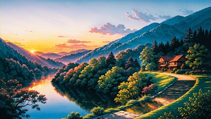 Scenic Landscape with Cherry Blossom Tree, Majestic Mountains, Trees, and Reflective Lake at Dusk, Generative AI
