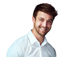 Happy man, face and portrait smile for career ambition isolated on a transparent PNG background. Attractive or handsome male person, young model or designer in confidence for creative startup