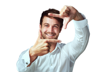 Happy man, face and hands in frame for selfie isolated on a transparent PNG background. Male person or model with hand framing portrait with smile for profile picture, photography or creative capture