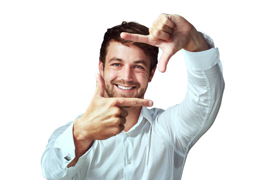 Happy man, face and hands in frame for selfie isolated on a transparent PNG background. Male person or model with hand framing portrait with smile for profile picture, photography or creative capture