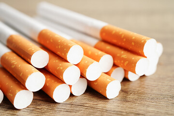 Cigarette, roll tobacco in paper with filter tube, No smoking concept.